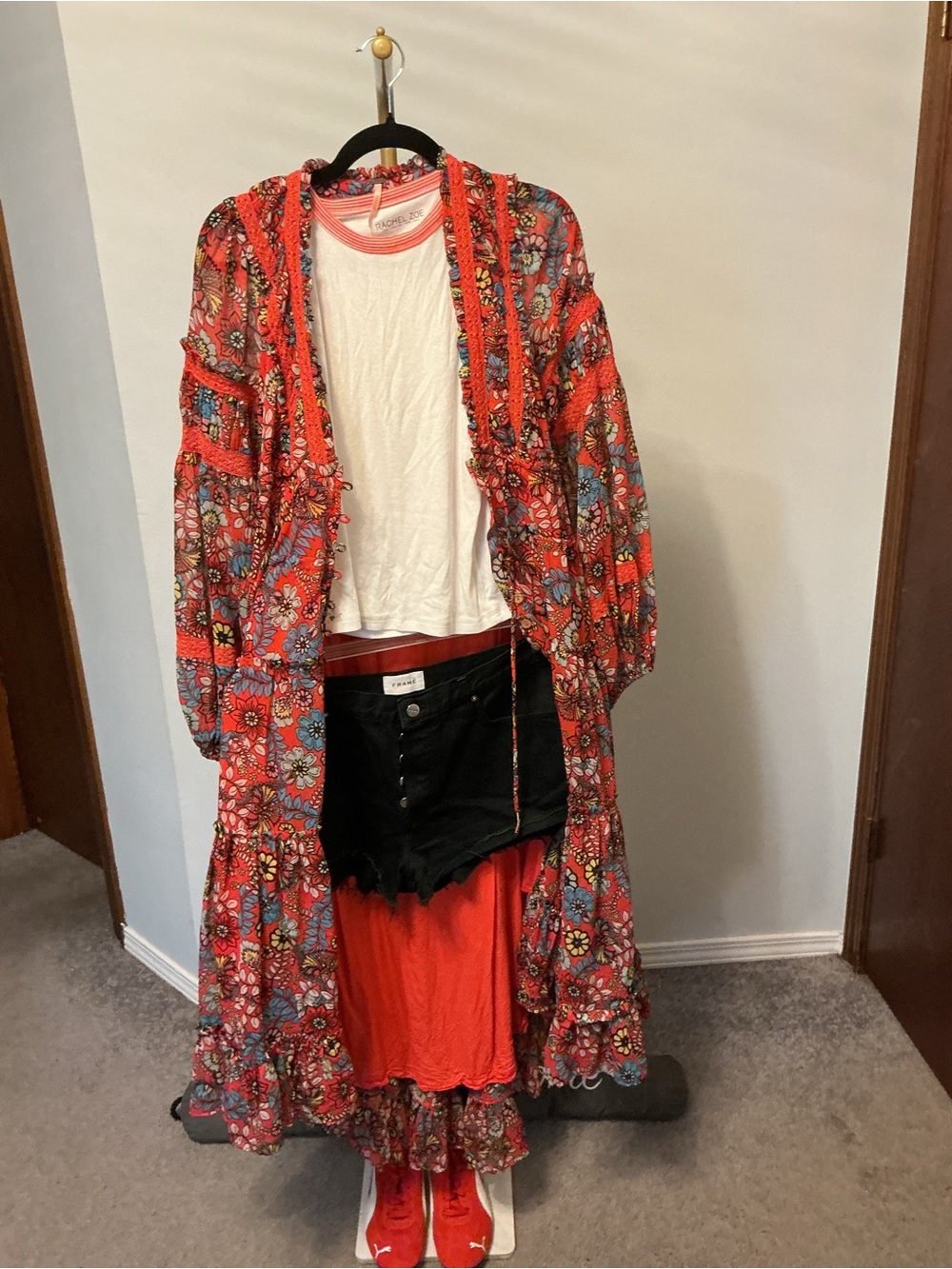 Free People Red Floral High-Low Maxi Kimono